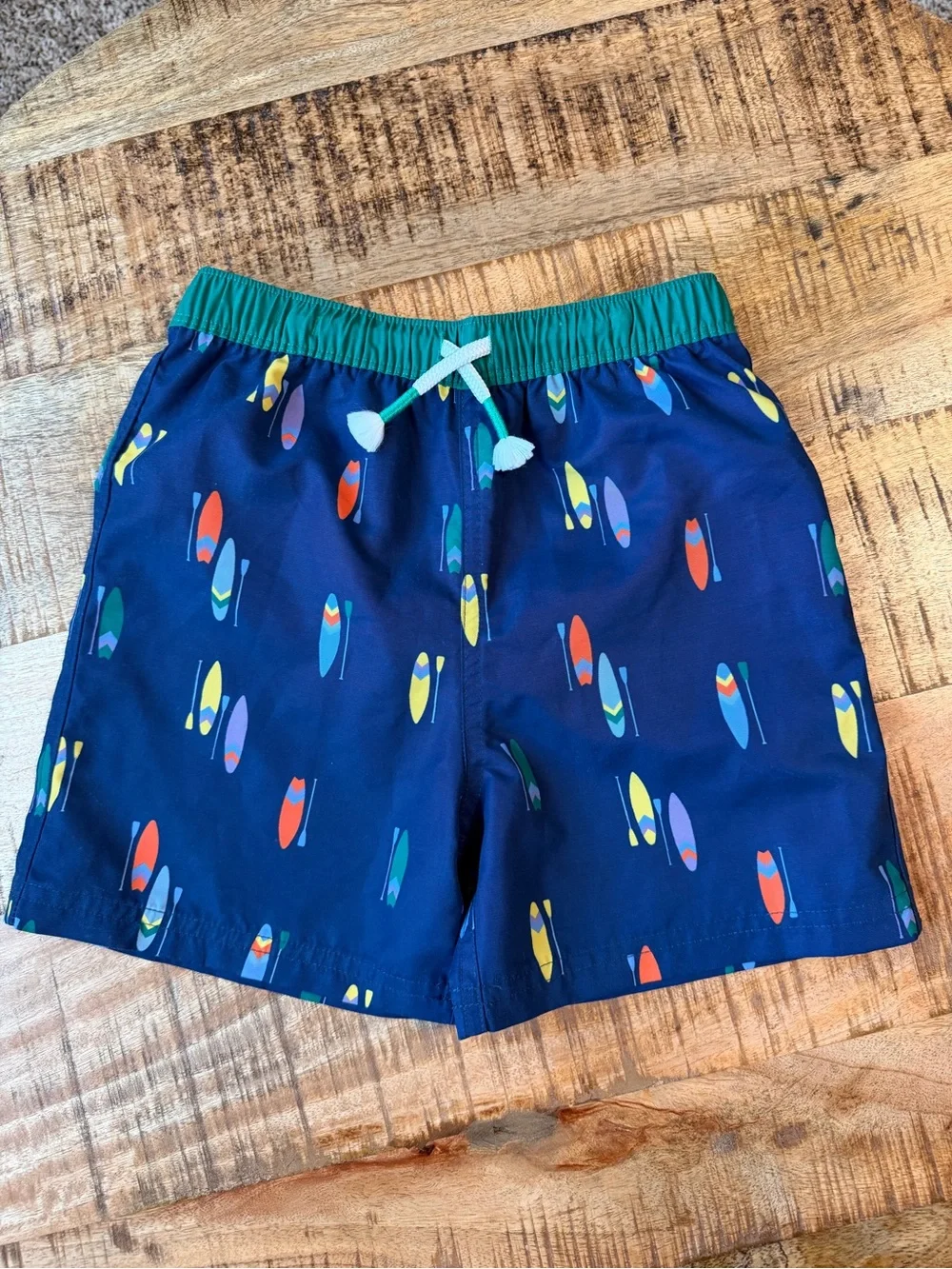 Mini Boden Kids Navy Surfboard Print Swim Shorts - Green Waistband